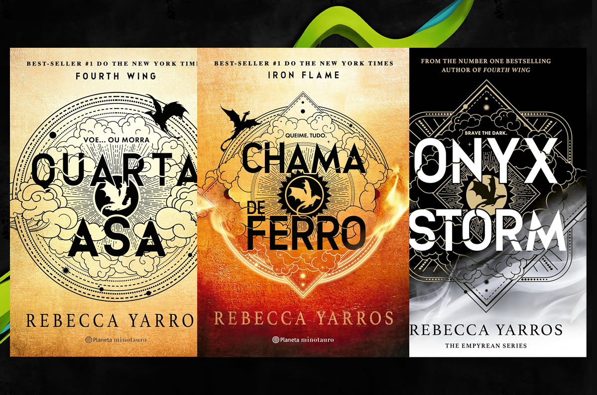 A saga de 3 livros da Rebecca Yarros com o nome de Quarta Asa, Chama de Ferro e Tempetade de Onix